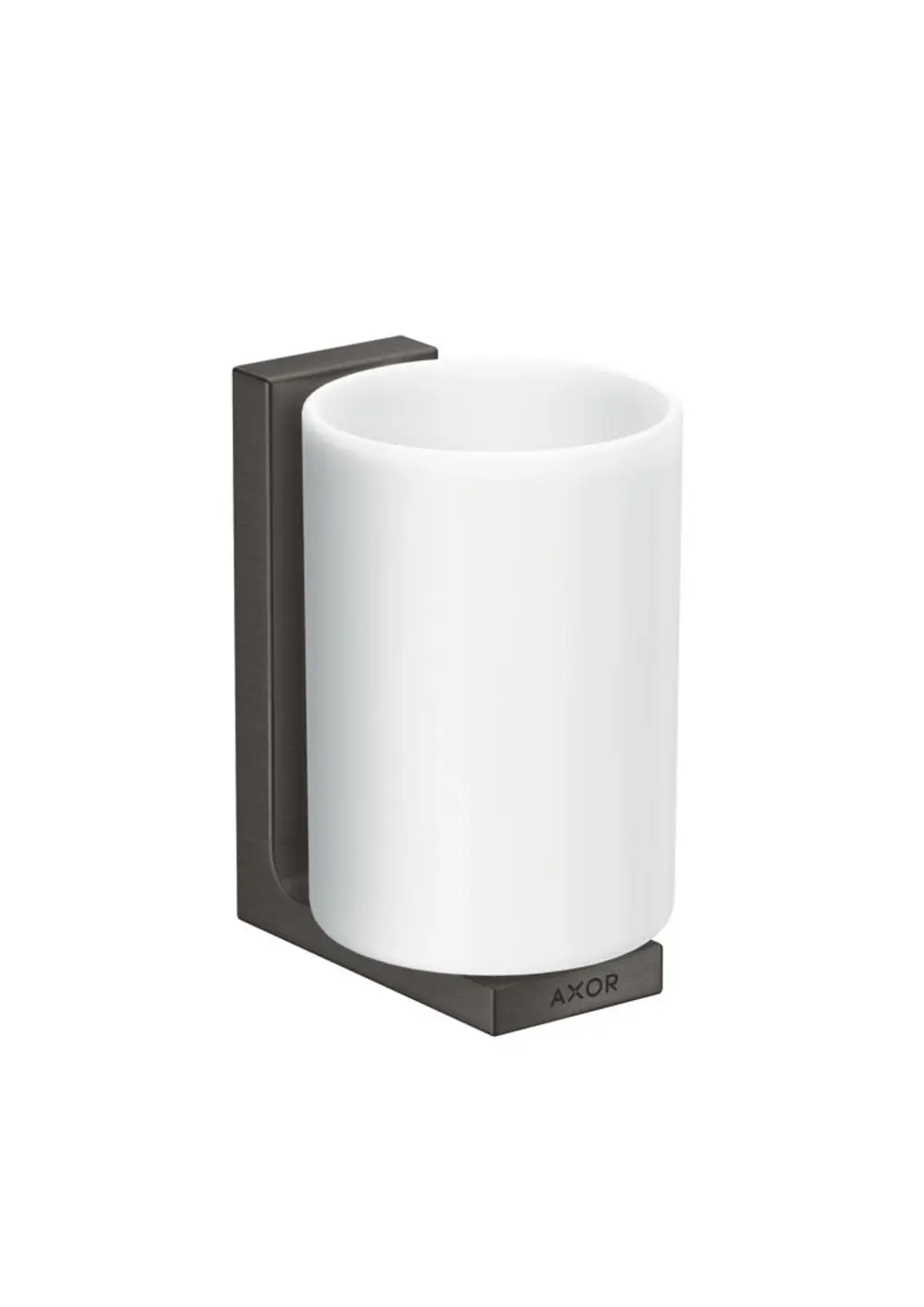 Zahnputzbecher in Weiß, montiert auf einer brushed black chrome Halterung von AXOR. Der Becher hat eine zylindrische Form und ist für Wandmontage gedacht.